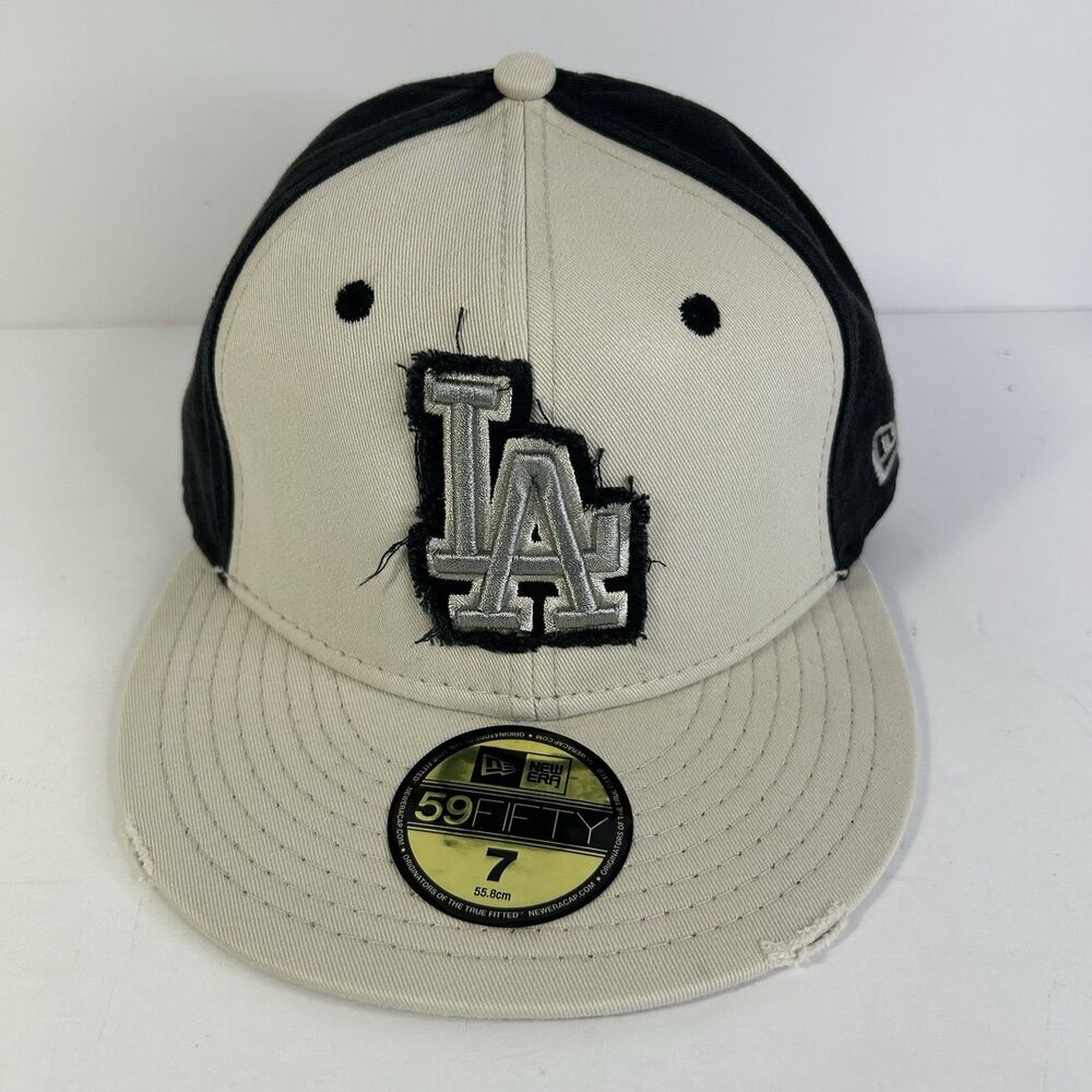 LA Dodgers New Era MLB 59Fifty Fitted Hat Sz 7 Distressed White Black NWT